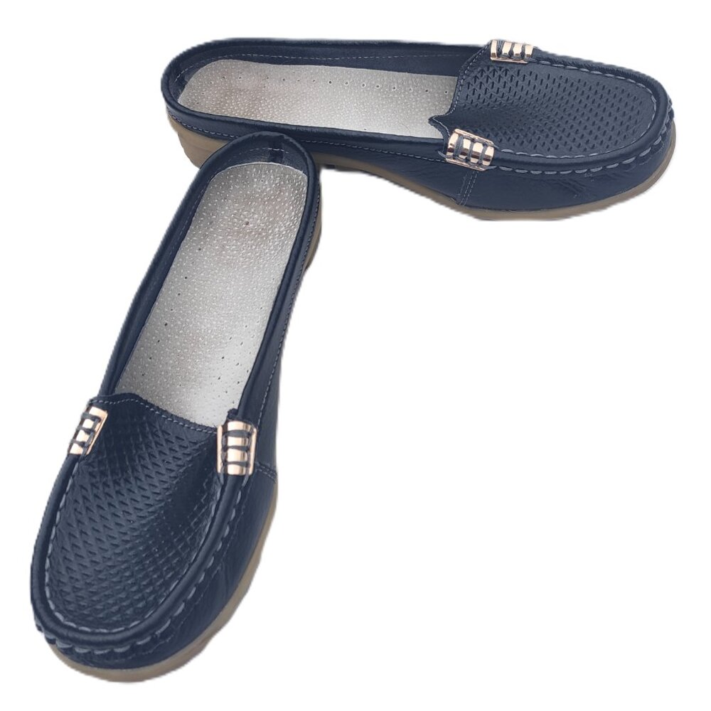 Navy Blue With Tan/Beige Sole Slip On Slides Mules Loafers Flats Shoes Size 7/38